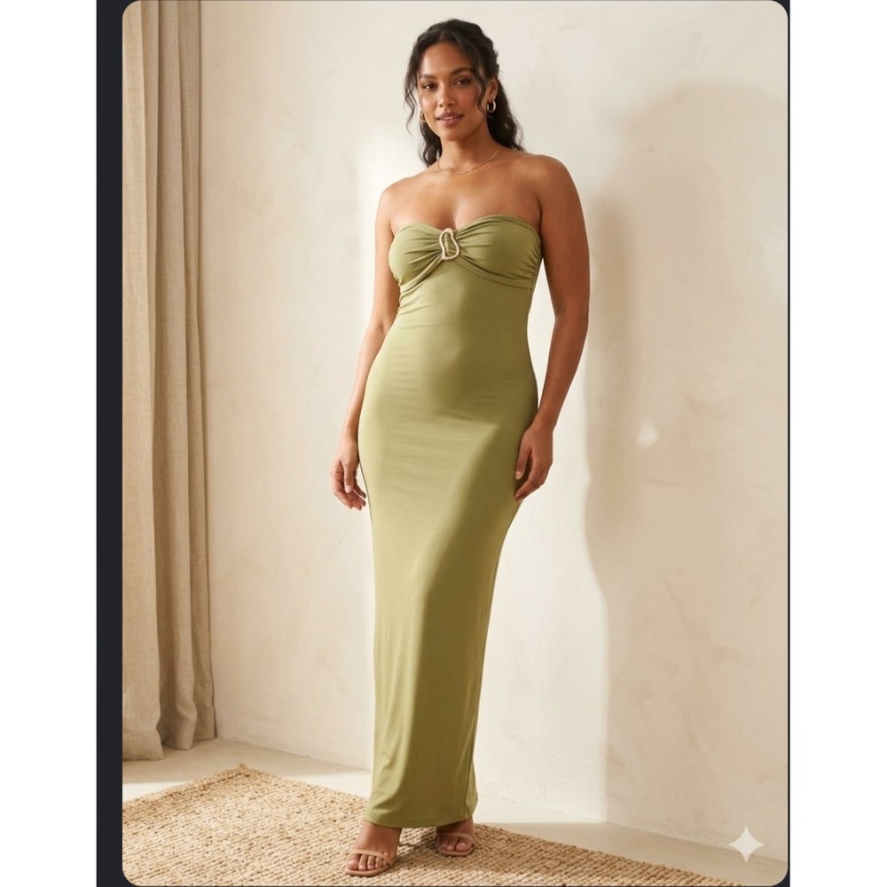 Derek Heart Olive Green Strapless Maxi Dress Gold Ring Detail Size L NWT